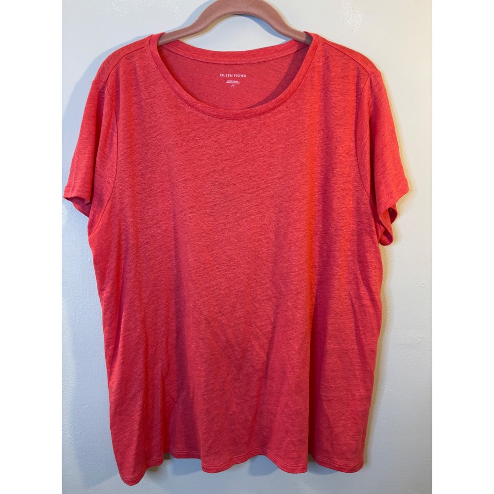 Eileen Fisher Coral Red Organic Linen Short Sleeve Tee Shirt L